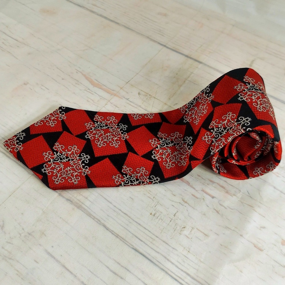 Haband Tie Woven in Como‎ Italy Geometric Pattern Red Black Mens Necktie